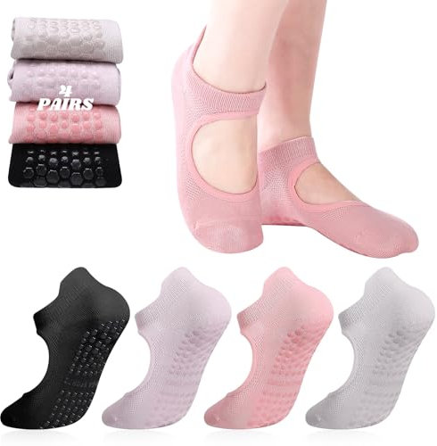 Halinuia 4 Paar 4 Paar Pilates Socken Damen Rutschfeste Yoga Socken Grippy Ankle Socks, Elastische Sportsocken für Übungen Sport Yoga Pilates Ballett Tanz Fitness