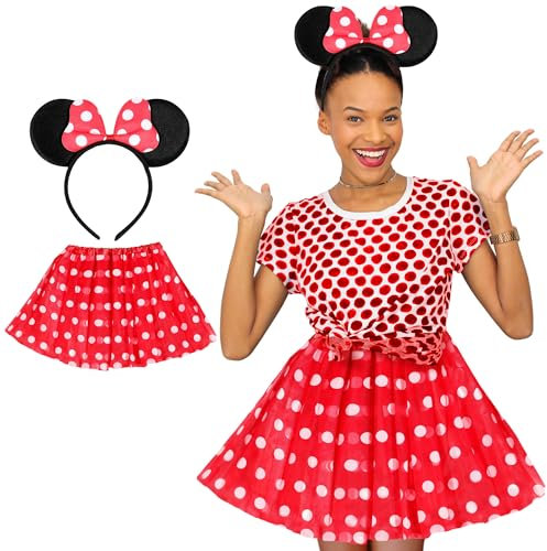 Déguisement Adulte de Souris Célèbre : Bandeau avec Oreilles Noires, Nœud Papillon et Robe Rouge à Pois Blancs- Idéal pour la Journée du Livre, Carnaval..