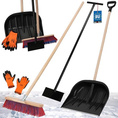 KOTARBAU® Set Schneeschaufel mit Holzstiel 137 cm Straßenbesen mit Stiel 43 cm Eisschaber 119 x 20 cm + Handschuhe Schneeschieber Schneeräumer Schneeschaufel Holz Stiel zur Schneeräumung