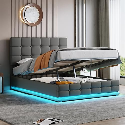 ModernLuxe 4ft6 LED Ottoman Double Bed,PU Leather Upholstered Bed Frame with Hydraulic Storage, Adjustable Headboard, No Box Spring Needed (No Mattress) Grey - 135x190cm
