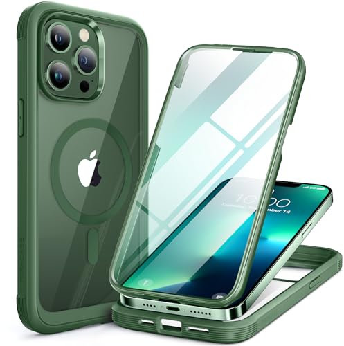 Miracase Magnetic Case for iPhone 13 Pro Case 6.1-Inch, [Built-in 9H Tempered Glass Screen Protector] Full Body Bumper Shockproof Cover with Clear Back, Compatible with MagSafe (Alpine Green)