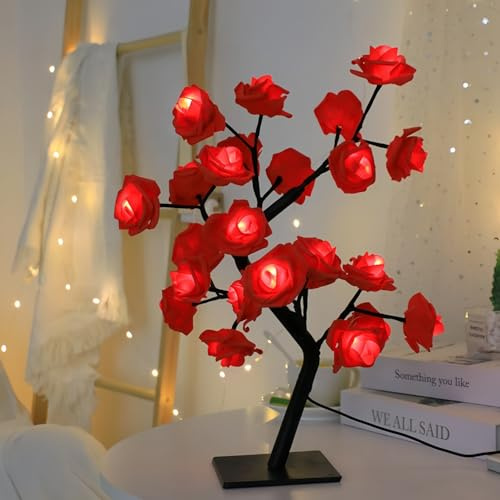 Maimeili 24 LED simulierte Rosenbaum Tischlampe Warme weiße Feenblumen mit Schalter Romantische Tischleuchte für Schlafzimmer Wohnzimmer Party Hochzeit Valentinstag USB Powered