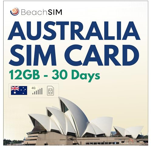 BeachSIM Australien SIM-Karte 30 Tage. 12 GB Daten bei 4G/5G-Geschwindigkeiten. Optus-Netzwerk. Freies Roaming in Neuseeland. Schnelle Aktivierung.