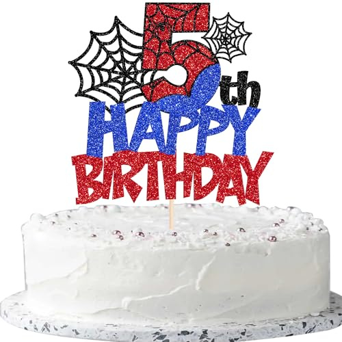 Xsstarmi 1 Pack Happy 5th Birthday Cake Topper Glitter Spider Theme Cake Pick for Boys Kids Happy 5th Birthday Party Cake Decorations Supplies