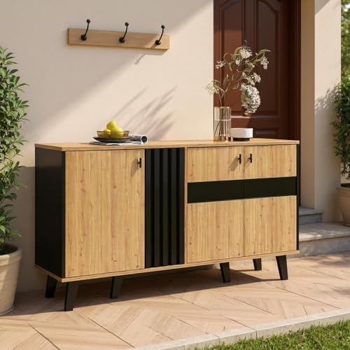 FurnitureR Natural Garderobenschrank, Moderne Diele Design, Glas und Spanplatte Material, 140 cm Breite, Viel Stauraum