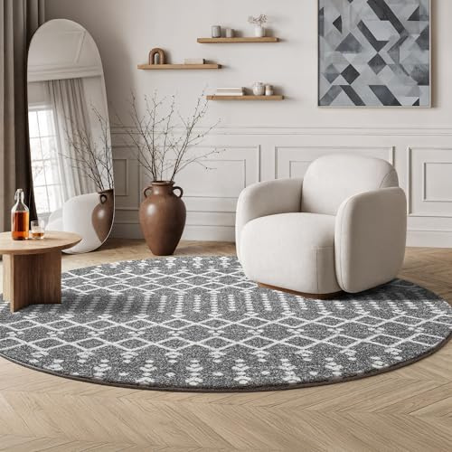 SANAT Boho Teppich – Moderner Teppich im Boho Stil, Geeignet für Wohnzimmer, Schlafzimmer, Flur, Esszimmer und Kinderzimmer – Ethno Grau, Größe: 150 cm Rund