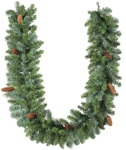 HOMCOM Weihnachtsgirlande 1,8m mit 162 Spitzen für Innen & Außen Grün | Tannengirlande, Weihnachtsdeko, 8 Tannenzapfen, Künstliche Girlande