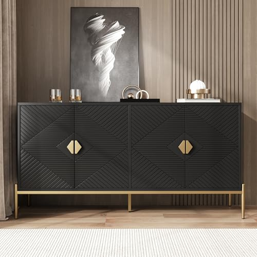Merax Modernes Sideboard 162x40x80 cm, mit Vier Türen, Metallbeine, geometrisches Muster, großer Stauraum, Wohnzimmer Esszimmer Eingang, Elegante Kommode, Schwarz