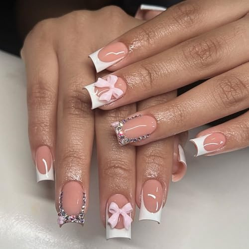Short Press on Nails Square - Cute Fake Nails with 3D Bow Flower Diamond Design - 24Pcs Short Square False Nails with Glue - Removable Acrylic Stick on Nails for Women Valentine's day