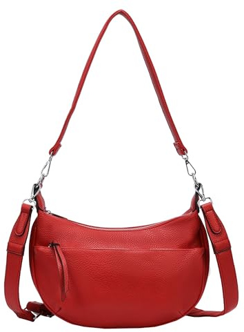ITALYSHOP24 DAMEN TASCHE MOON Bag Crossbody Runde Schultertasche Hobo Bag Taschenanhänger Umhängetasche Shopper Crossover Handtasche Halbmond Leder Optik Reise (Rot.)