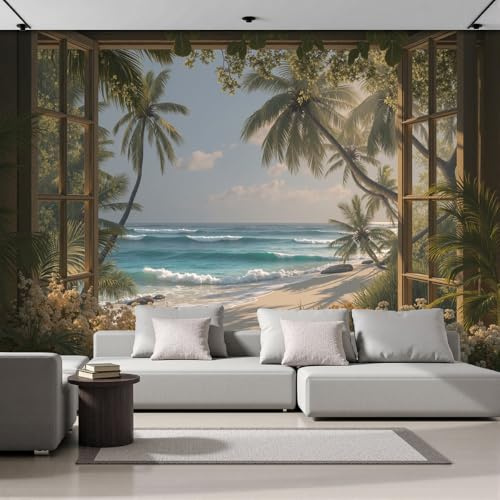 Tapete 3D Fototapete Strand- Fensterblick 250 x 175cm Seidentapete Wandbild Fototapeten, Seiden Tapeten Wandtapete Schlafzimmer, Wohnzimmer, TV Hintergrund Wand Sommer Küste Wanddeko