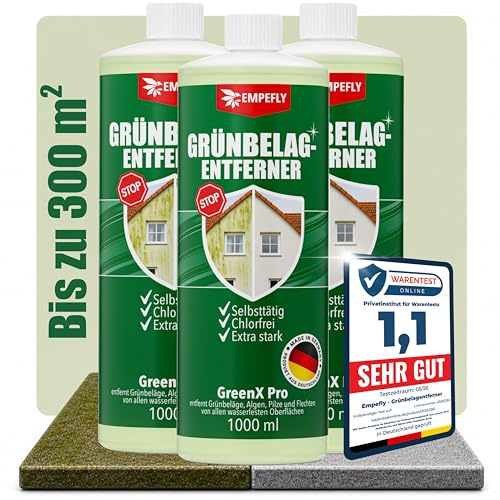 GreenX Pro Grünbelagentferner Konzentrat 3er Pack (3 × 1 L, selbsttätig gegen Grünbelag, Algen & Pilze ohne Schrubben – für Terrasse, Fassade, Dachziegel und Stein – chlor & säurefrei