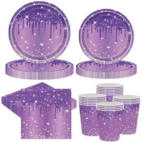 80 Pcs Purple Diamond Party Tableware Set, Purple Paper Plates Cups and Napkins for 20 Guests, Sparkling Birthday Party Supplies for Her Girls Women,Baby Shower Wedding Table Decorations
