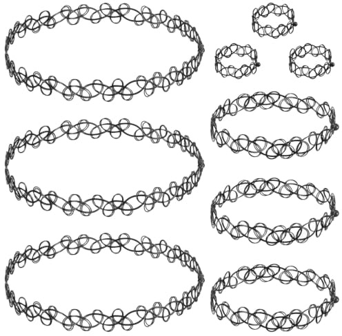 Sibba 3 Sets Schwarz Halsketten - 9 Stück Ketten Armband Ring Halskette Choker Tattoo Stretch Accessoires, 90er Jahre Style Gothic Punk Schmuck Set