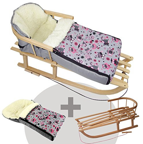 BAMBINIWELT Kombi-Angebot Holz-Schlitten mit Rückenlehne & Zugseil + universaler Winterfußsack (108cm), auch geeignet für Babyschale, Kinderwagen, Buggy, aus Wolle im Eulendesign (Motiv $12)