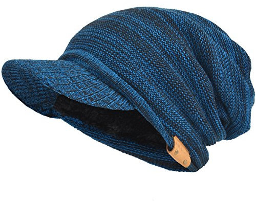 Herren Dame Dick Vlies Gefütterte Strickmützen Stricken Slouch Mütze Mit Visier (Blau/Schwarz)