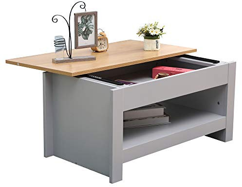 CF Furniture Sliding Top Up Coffee Table Small Coffee Table Side Table with Shelf - Grey+Oak,85x47x42cm