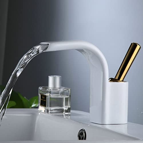 Leekayer Waterfall Taps Modern Basin Mixer Tap White Finish Single Lever Bathroom Sink Tap Gold Chrome Handle 1 Hole Mount