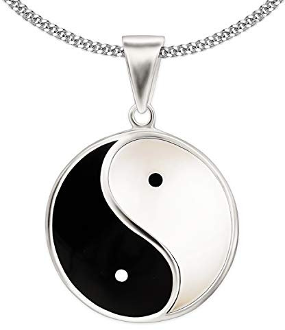 CLEVER SCHMUCK Set Silberner Damen Herren Halskette Anhänger großer Yin Yang Ø ca. 23 mm schwarz und weiß lackiert glänzend mit Kette Panzer 60 cm Sterling Silber 925 in Geschenkverpackung