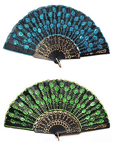 Dusenly 2pcs Fashion Peacock Handheld Fan Folding Hand Fans with Sequins Flower Pattern for Women and Girls