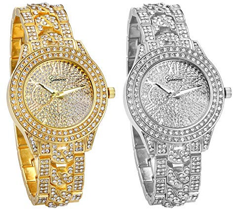 JewelryWe 2pcs Uhr Damen Herren Elegant Armbanduhr mit Strass Glitzer Metallarmband Analog Quarz Uhr Muttertag Gold Silber