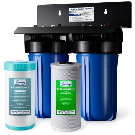 iSpring WGB21BM 2-Stage Whole House Water Filtration System with 10x 4.5 Big Blue Carbon Block and Iron & Manganese Reducing Filters, 1 Ports