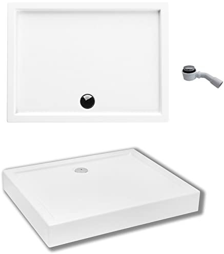 ECOLAM® Duschwanne Duschtasse flach Competia Rechteck 80x100 x14 cm / 3 cm Styropor Acryl Ablauf weiß Styroporunterseite + Siphon
