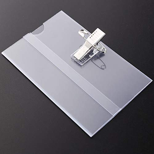 Lot de 50 porte-badges horizontaux en plastique transparent 90 mm x 55 mm avec pince crocodile et épingle à nourrice
