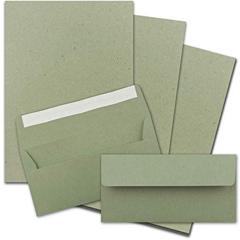 25x Briefpapier Set DIN A4 mit DIN Lang Briefumschlägen, Haftklebung - Kraftpapier-Grün - Recycling-Schreibpapier mit Kuverts - FarbenFroh by GUSTAV NEUSER