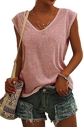 ASKSA Femme T-Shirt Débardeur Col en V à Mancherons été Couleur Unie Sport Tee Hauts Chemises Amples de Base Shirts (Rose,XL)