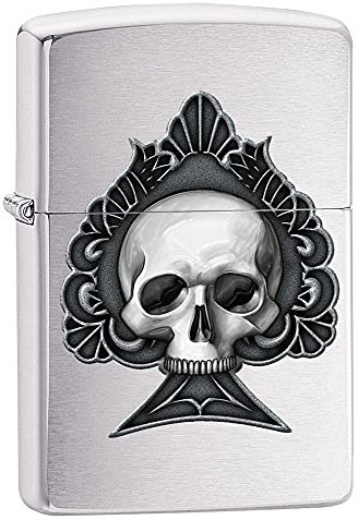 Zippo Sturmfeuerzeug - Modell Ace Skull - Brushed Chrome Finish mit Color Image - Nachfüllbar - Wiederverwendbar - Windfestes Design - Geschenkbox - Made in USA