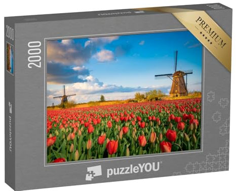 puzzleYOU: Puzzle 2000 Teile „Niederländische Landschaft mit Windmühlen und Tulpenblüten“ – aus der Puzzle-Kollektion Tulpen, Windmühlen