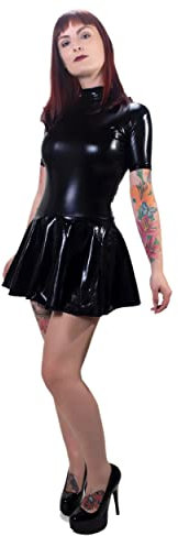 Rubberfashion Kleid Wetlook Damen - Minikleid glänzend Kurze Ärmel - Maid Dress Outfit für Frauen Schwarz Metallic XL