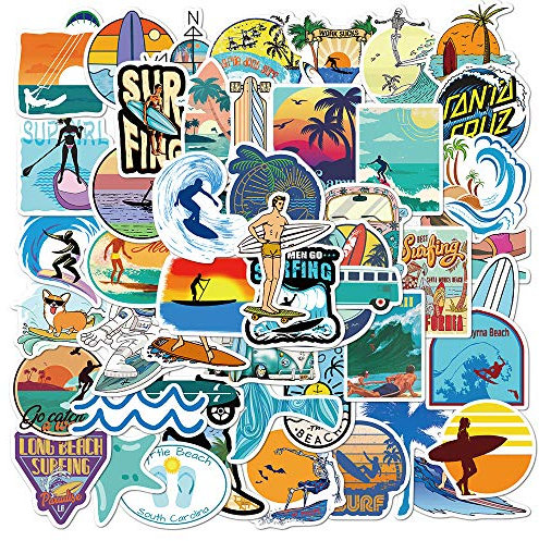 Go Surfing Beach Stickers - 50pcs Waterproof Stickers for Surfboard, Water Bottles, Laptop, Summer Water Sports, Refrigerator, Luggage, Computer, Phone, Skateboard, Bike Decals