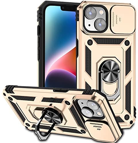 Hitaoyou iPhone 14 Plus Case with Camera Cover & Kickstand, Military Grade Shockproof Heavy Duty Protective Case with Magnetic Car Mount Holder for iPhone 14 Plus Gold