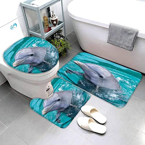 Lavnox Delfin Badematten 3 Teilig Set Süß Ozean Tiere rutschfest Saugfähiger Badezimmerteppich, U-förmiger Kontur Teppich, WC-Deckel Waschbar Duschvorleger Badaccessoires 40x60cm