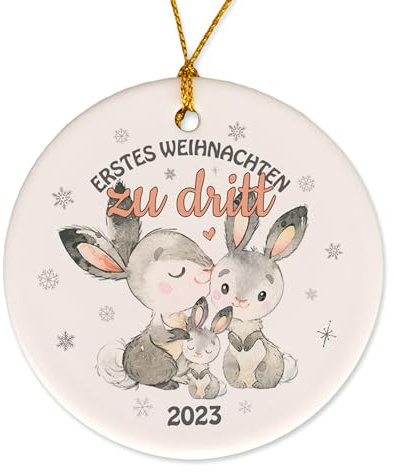 FEENSTAUB Personalisierte Christbaumkugel, erstes Weihnachten zu dritt als Familie mit Baby, Weihnachtskugel personalisiert, erstes Weihnachtsfest mit neuem Baby, Hasen