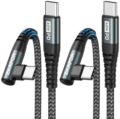 ZKAPOR Câble USB C vers USB C 90 Degrés [2M/Lot de 2], Cable Type C 60W Câble USB C Angle Droit Charge Rapide Compatible avec Samsung S22/S21, Pad Pro 11 2020, Air 2020/2018, Huawei P40/P30 -Gris
