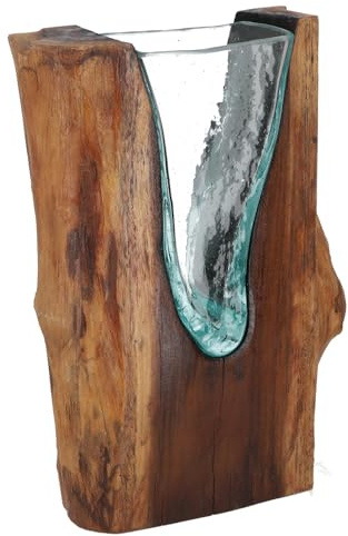 Vase aus Recyclingglas mit Teakholzsockel, Dekoobjekt, einzigartig, M13 | Vielseitig einsetzbar, für Blüten oder Dekoration, individuelles Design, jedes Stück ein Unikat