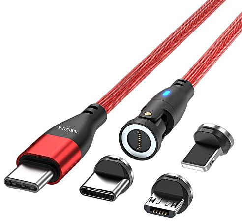 P-TECHUK 60W Rotating Super Fast USB C Magnetic Charging Data Cable, Fast Charging Cable compatible with all Devices. A18 Red (1M Cable, 3 x Tips)