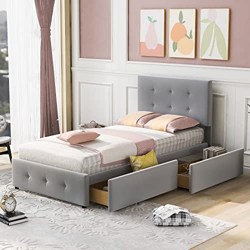 Polsterbett 90 x 200 cm Bett mit Lattenrost, Rückenlehne und zwei Schubladen Einzelbett Höhenverstellbares Kopfteil hautfreundlicher Samtstoff Grau flach Kinderbett Jugendbett Gästebett ohne Matratze
