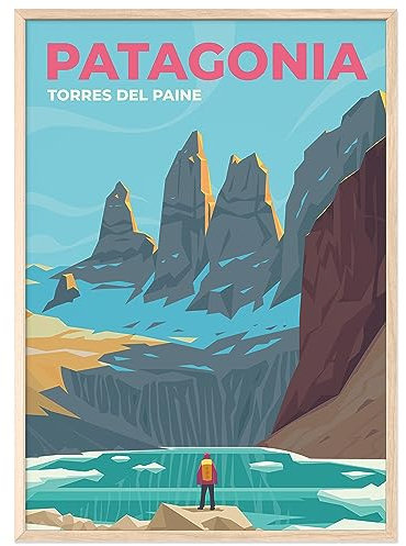 JUNOMI® Patagonien Poster DIN A2 | Wohnzimmer Deko, Modernes Wandbild, Patagonia Bild, Reiseposter, Torres del Paine, Perito Moreno | Mit Rahmen Natur