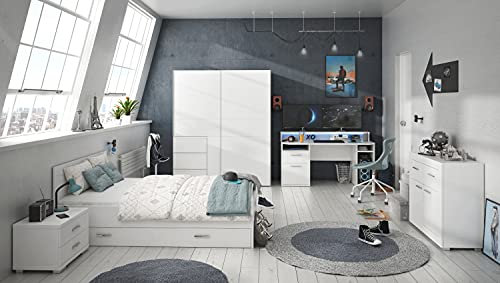 Jugendzimmer Gaming Zimmer Tezaur Snow von Forte 8 teilig mit großem Gaming- Schreibtisch, 140er Bett mit Bettschubkasten, LATTENROST und Deluxe MATRATZE, Schwebetürenschrank, Kommode und Nachttisch …