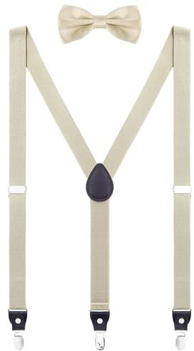 WANYING Herren Jugendliche 2,5cm Breit Y-Form 3 Clips Hosenträger & Fliege 2 in 1 Set Casual Business Party Hochzeit - Einfarbig Khaki