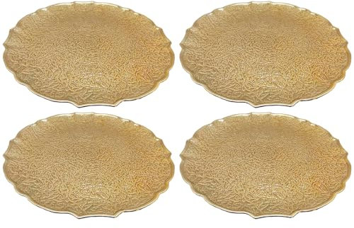 AC - Pack de 4 Bajoplatos Reutilizables Redondos de plástico, Plato Llano Decorativo, Bandeja para presentación de Dulces, Navidad, turrón, Pasteles (Oro Viejo, Ø 33 cm)