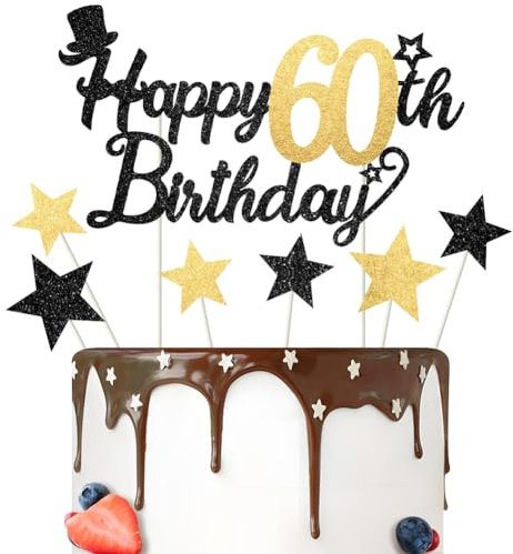 Glitter Happy Birthday Cake Topper Black Gold Gliter Happy 60th Birthday Cake Topper for Mens 60th Birthday Cake Decorations 7PCS by RichMoho