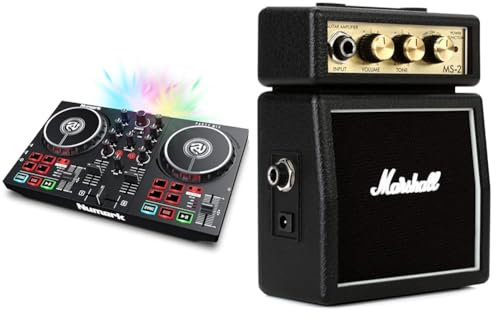 Numark Party Mix - DJ Controller with Party Lights, 2-Deck Mixer, Audio Interface and USB Connectivity + Serato DJ Lite & Marshall MS2 Micro Amp - Black