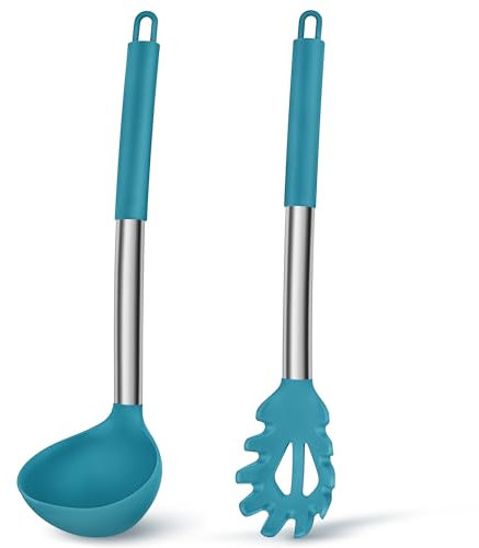 Joyfair Suppenkelle und Spaghettilöffel Set, 2-teiliges Silikon Schöpfkelle und Nudellöffel mit Griff aus Edelstahl zum Kochen/Rühren/Servieren/Ablassen, Gesund & Antihaft, Spülmaschinenfest - Blau