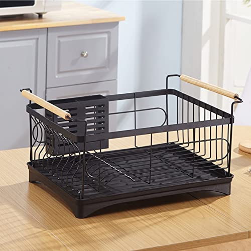 PINZHEN Escurridor de Platos, escurridor de Platos con Asas de Madera y Soporte para Cubiertos, Soporte para Utensilios para encimera de Cocina