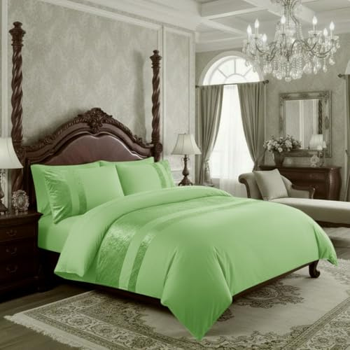 Casabella Luxury Crushed Velvet Panel Band Duvet Cover Sets with Pillow Case Super King Duve Cover Bedding Set – Sage Green Crush Velvet Super King Duvet Cover Sets